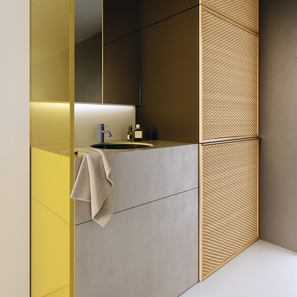 Idée de décoration pour une salle de bain minimaliste de taille moyenne avec un placard à porte plane, des portes de placard grises, un carrelage blanc, un mur gris, un sol blanc et un plan de toilette gris.