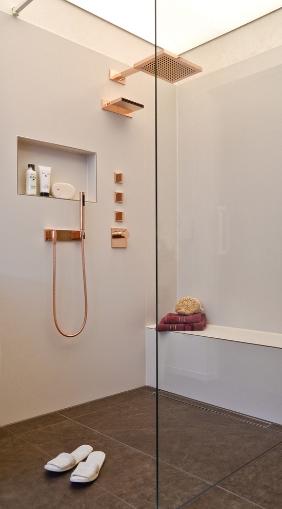 Пример оригинального дизайна: ванная комната в современном стиле с душем без бортиков, белыми стенами, полом из керамической плитки и коричневым полом