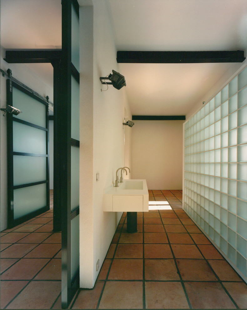 Idee per una stanza da bagno design con pareti bianche e pavimento in terracotta