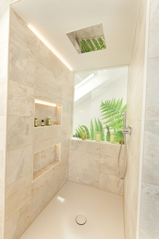 Large trendy 3/4 beige tile and ceramic tile beige floor bathroom photo in Other with beige walls
