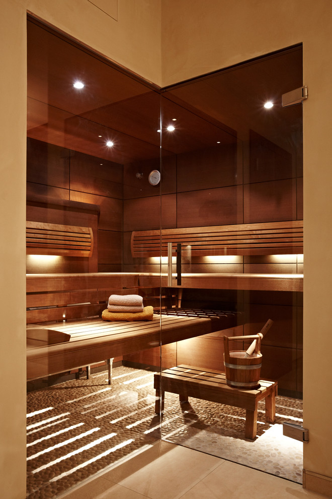 Photo of a medium sized contemporary sauna bathroom in Munich with brown walls.