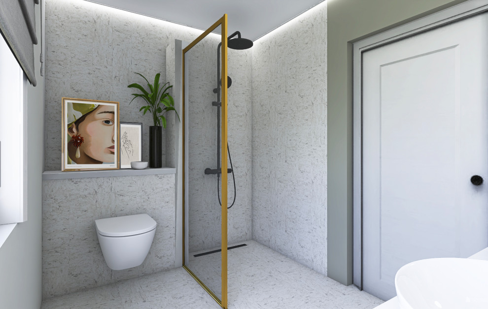 This is an example of a medium sized contemporary shower room bathroom in Stuttgart with flat-panel cabinets, light wood cabinets, a built-in shower, grey tiles, ceramic tiles, green walls, ceramic flooring, a vessel sink, grey floors, an open shower, white worktops, double sinks and a floating vanity unit.