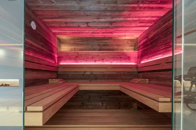 Sauna | Design-Sauna aus Altholz mit Glasfront und LED-Beleuchtung -  Contemporary - Bathroom - Dusseldorf - by corso sauna manufaktur gmbh |  Houzz IE