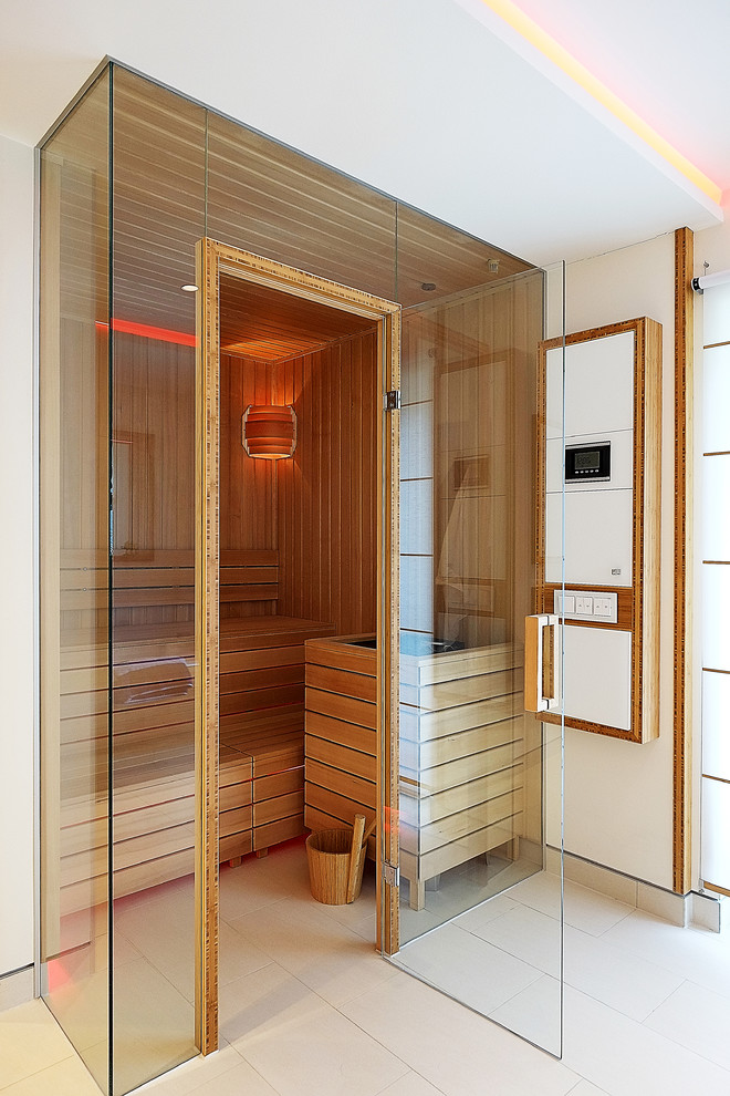 Photo of a medium sized contemporary sauna bathroom in Berlin with white walls, beige tiles, stone tiles, brown cabinets, a built-in bath, a built-in shower, ceramic flooring, beige floors and an open shower.