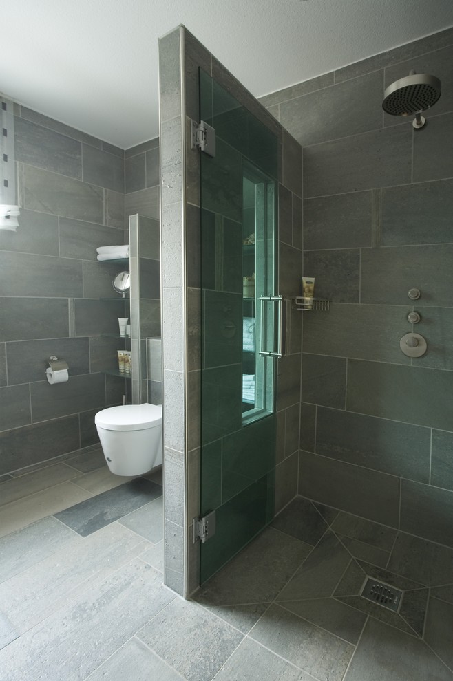 Diseño de cuarto de baño principal contemporáneo de tamaño medio con ducha a ras de suelo, sanitario de pared, baldosas y/o azulejos grises y paredes grises