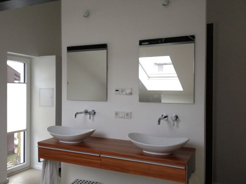 Photo of a large contemporary bathroom in Other with a vessel sink, a freestanding bath, white walls and concrete flooring.