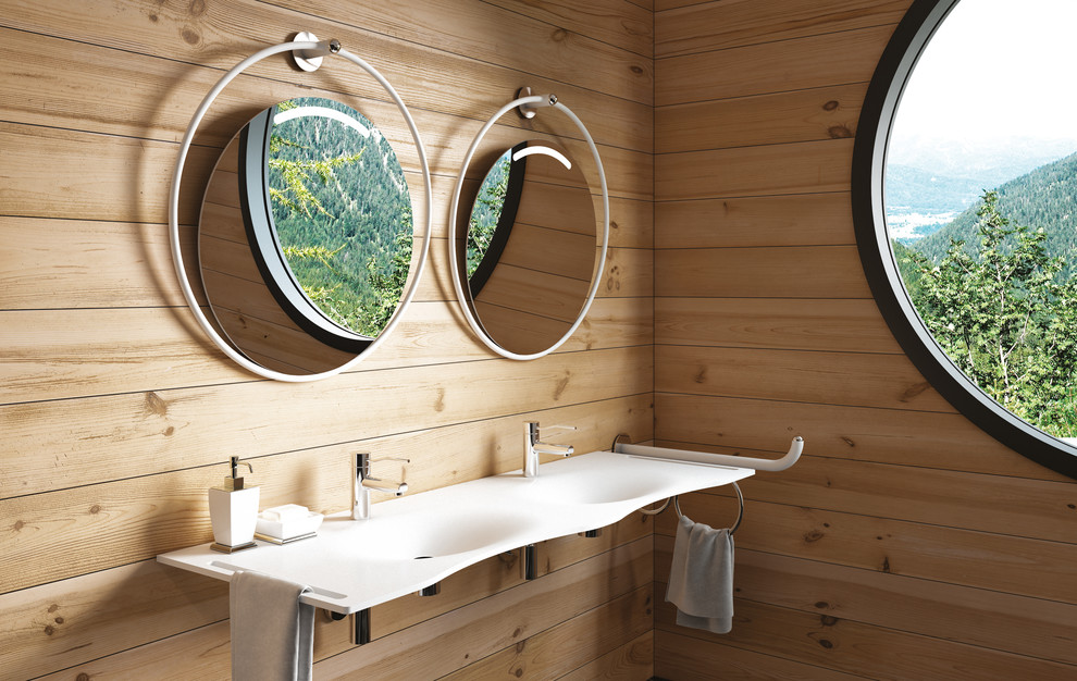 Idee per una stanza da bagno design di medie dimensioni con pareti marroni, lavabo rettangolare e top in superficie solida