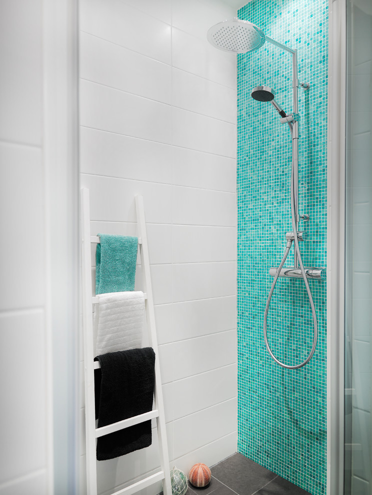 Inspiration for a small contemporary multicolored tile gray floor doorless shower remodel in Gothenburg
