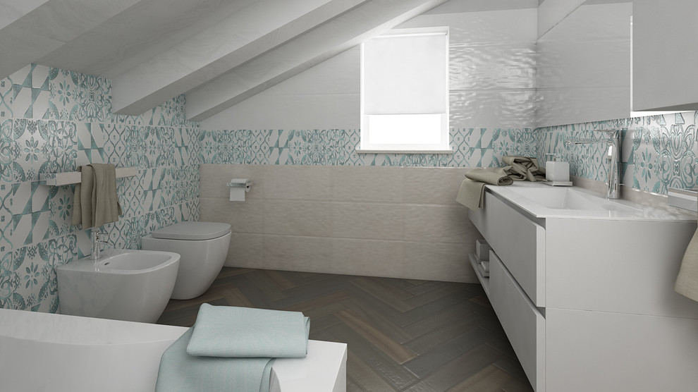 Large modern cloakroom in Other with flat-panel cabinets, white cabinets, a two-piece toilet, white tiles, porcelain tiles, white walls, porcelain flooring, an integrated sink, engineered stone worktops, brown floors and white worktops.
