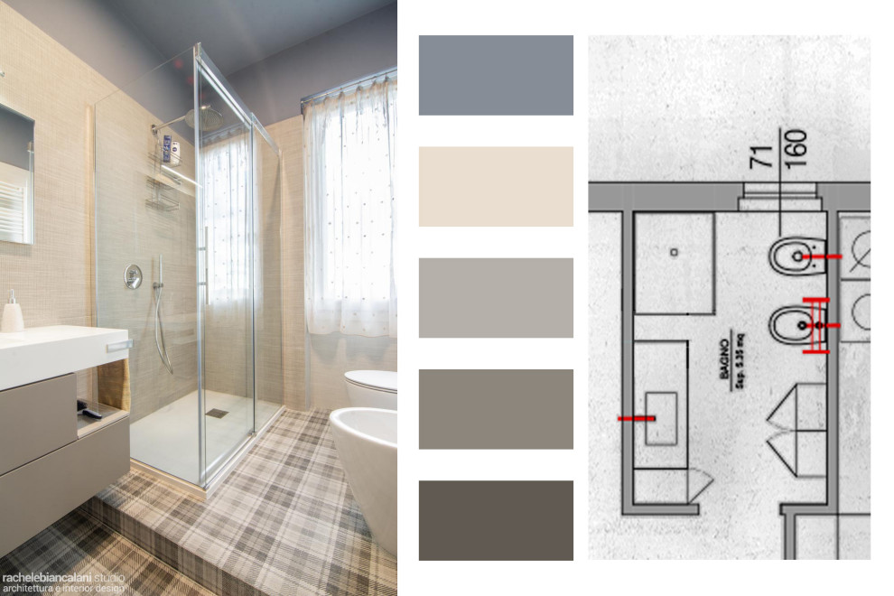 На фото: ванная комната среднего размера в стиле модернизм с плоскими фасадами, бежевыми фасадами, раздельным унитазом, серой плиткой, керамогранитной плиткой, серыми стенами, полом из керамогранита, раковиной с несколькими смесителями, столешницей из искусственного кварца, серым полом, белой столешницей, подвесной тумбой и многоуровневым потолком