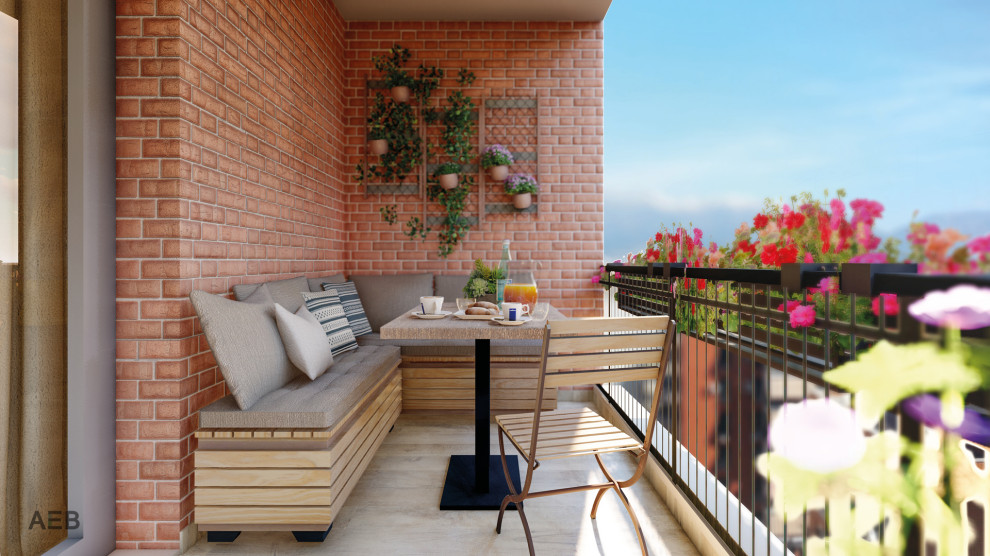 Réalisation d'un balcon design d'appartement avec un auvent et un garde-corps en matériaux mixtes.