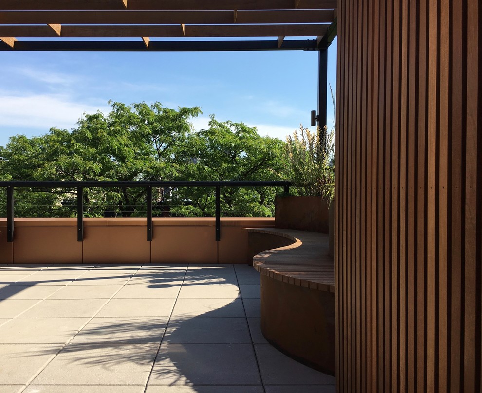 Kleiner Moderner Balkon mit Kübelpflanzen und Pergola in New York