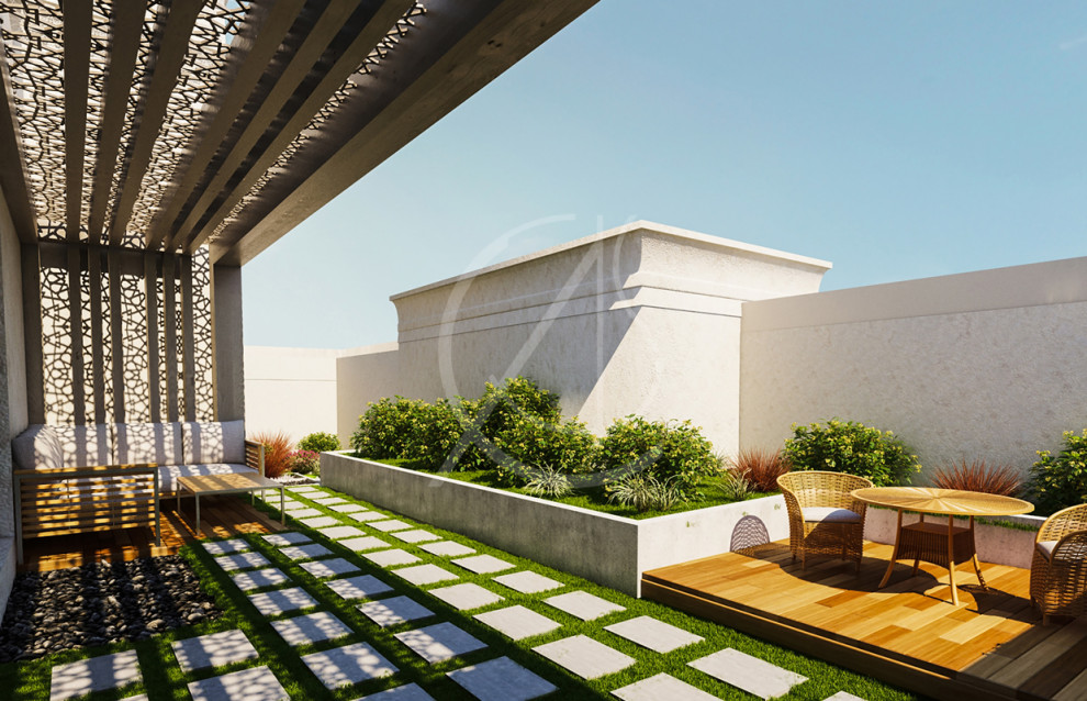 Idées déco pour un balcon moderne de taille moyenne avec des solutions pour vis-à-vis et une pergola.