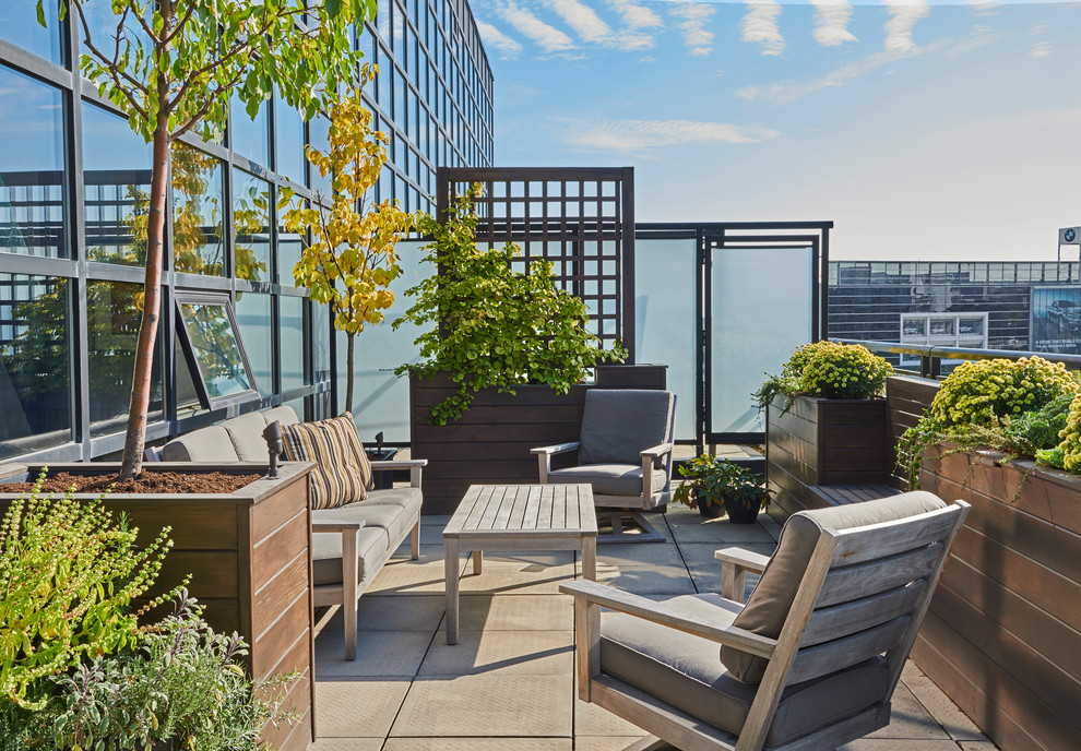 Cette image montre un balcon minimaliste de taille moyenne avec des plantes en pot, aucune couverture et un garde-corps en verre.