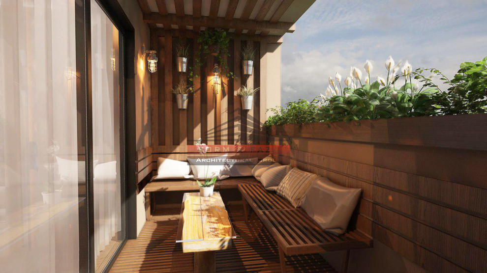Idéer för små rustika balkonger, med en vertikal trädgård och räcke i trä