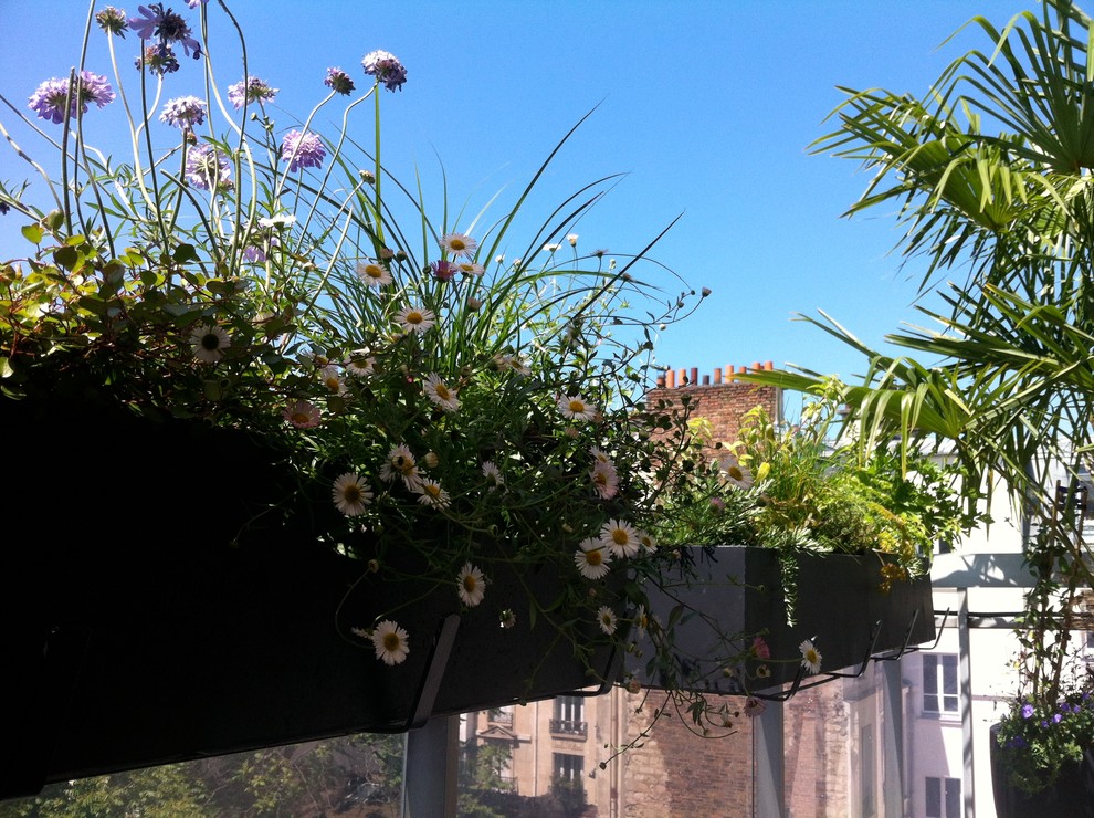 На фото: маленький балкон и лоджия в стиле шебби-шик с растениями в контейнерах для на участке и в саду