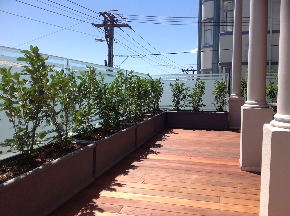 Exemple d'un petit balcon chic avec des plantes en pot et un garde-corps en verre.