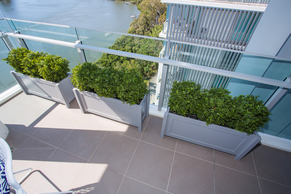 Large glass railing balcony in Brisbane with a potted garden and a roof extension.