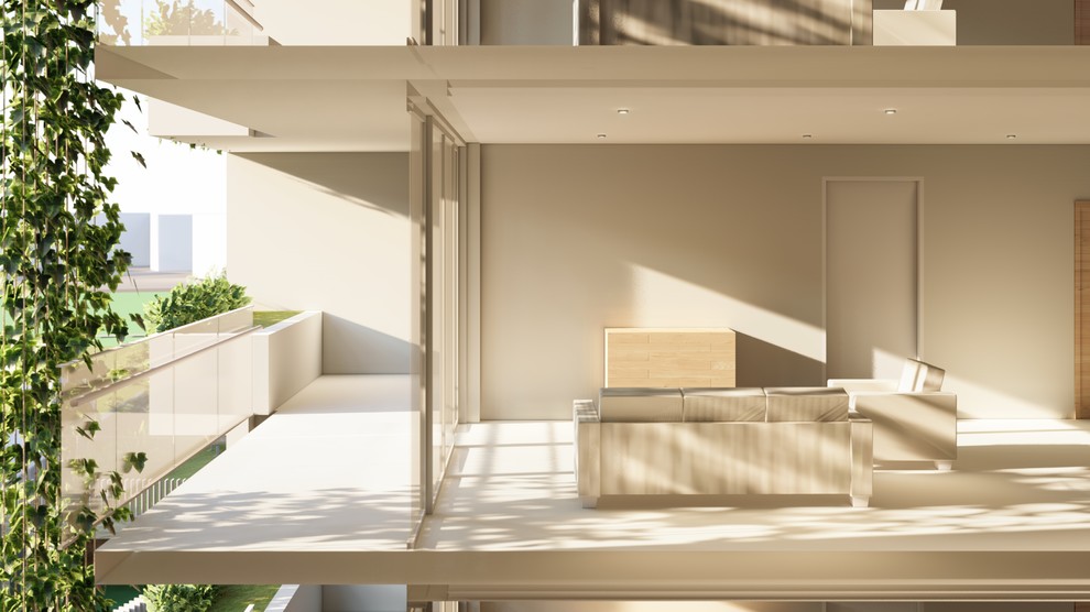 Aménagement d'un petit balcon scandinave avec des plantes en pot, une extension de toiture et un garde-corps en verre.