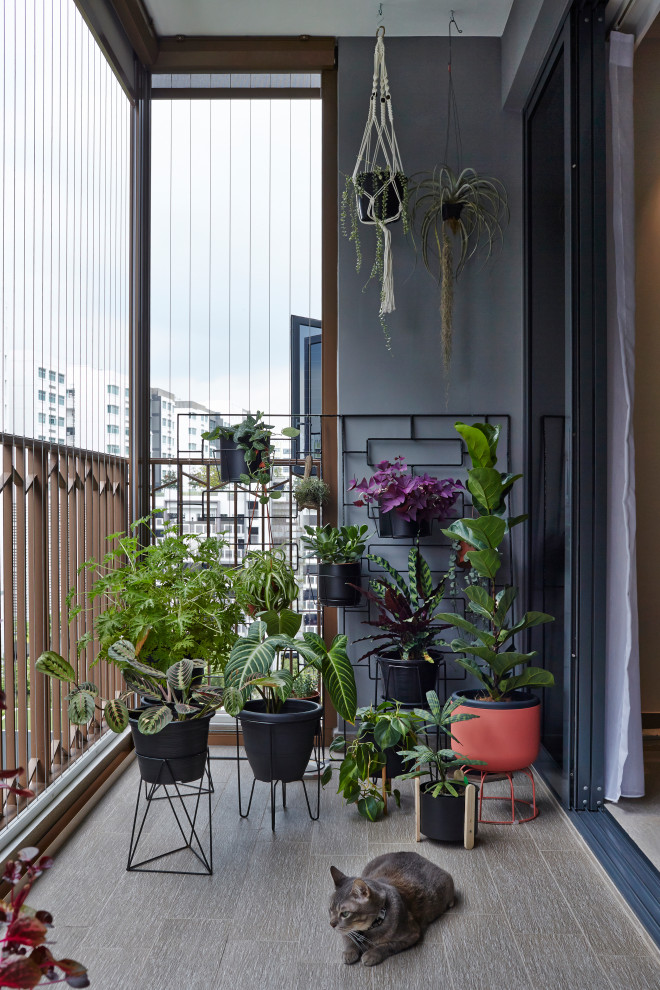 Balcony container garden - contemporary metal railing balcony container garden idea in Singapore with a roof extension