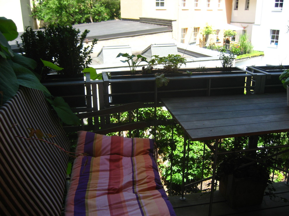 Exemple d'un petit balcon chic avec des plantes en pot, un garde-corps en métal et aucune couverture.