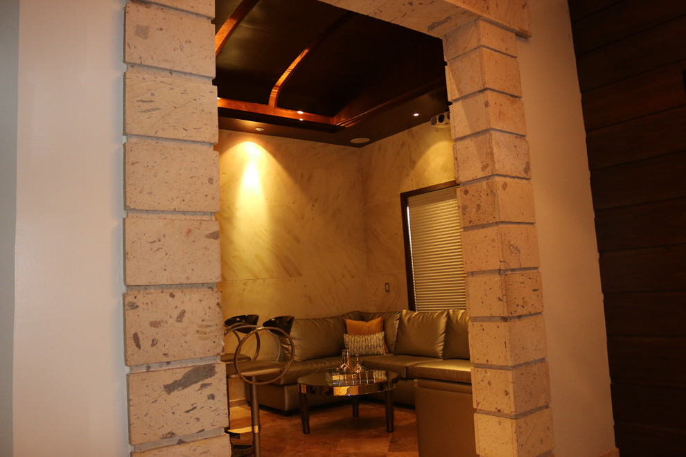 Foto de bar en casa contemporáneo grande con suelo de mármol y suelo beige