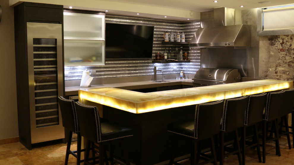 Large industrial u-shaped breakfast bar in Other with open cabinets, black cabinets, engineered stone countertops, grey splashback, glass tiled splashback, marble flooring and orange floors.