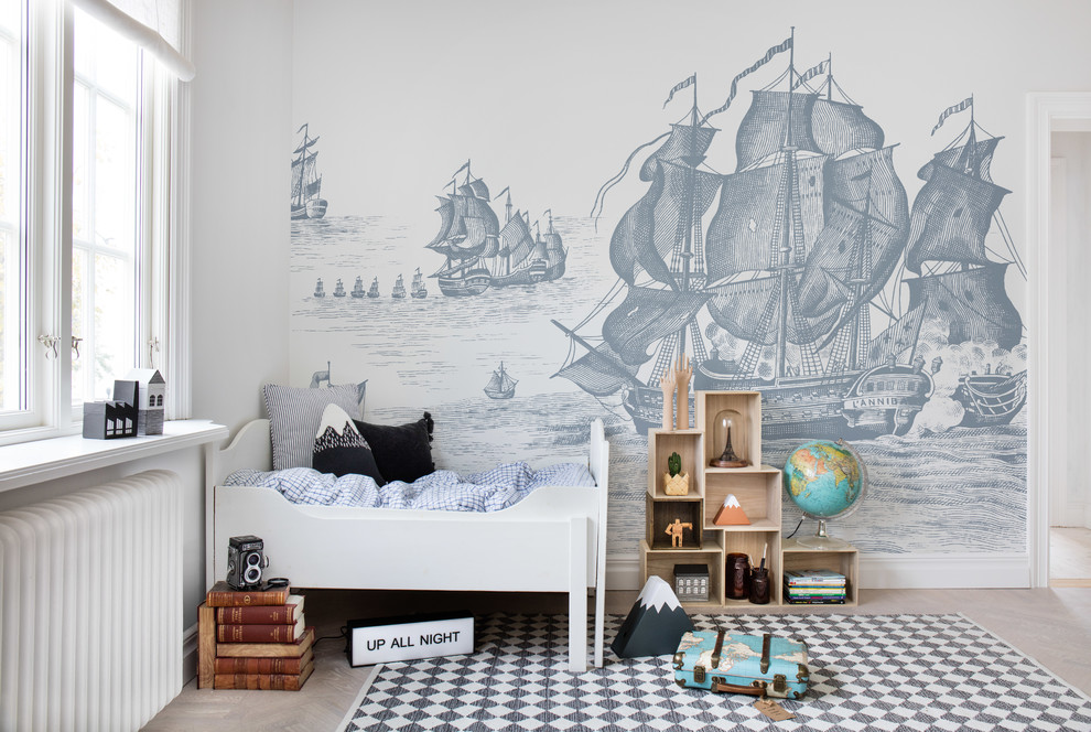 Photo of a modern kids' bedroom in Gothenburg with white walls.