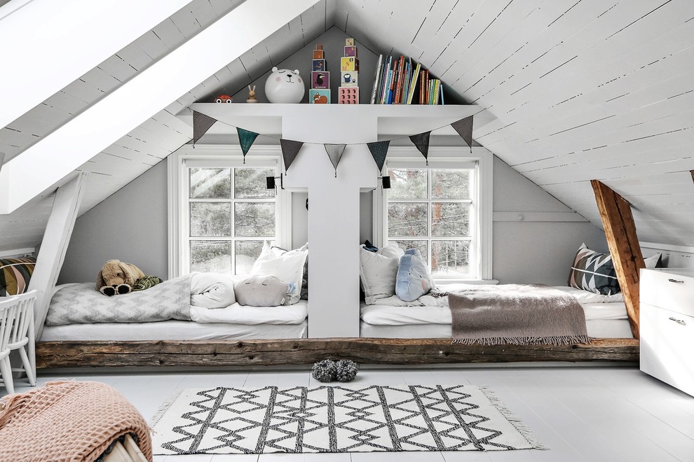 Medium sized scandi gender neutral children’s room in Stockholm with grey walls, painted wood flooring and white floors.