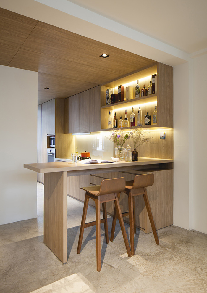 Imagen de bar en casa con barra de bar actual con puertas de armario de madera clara