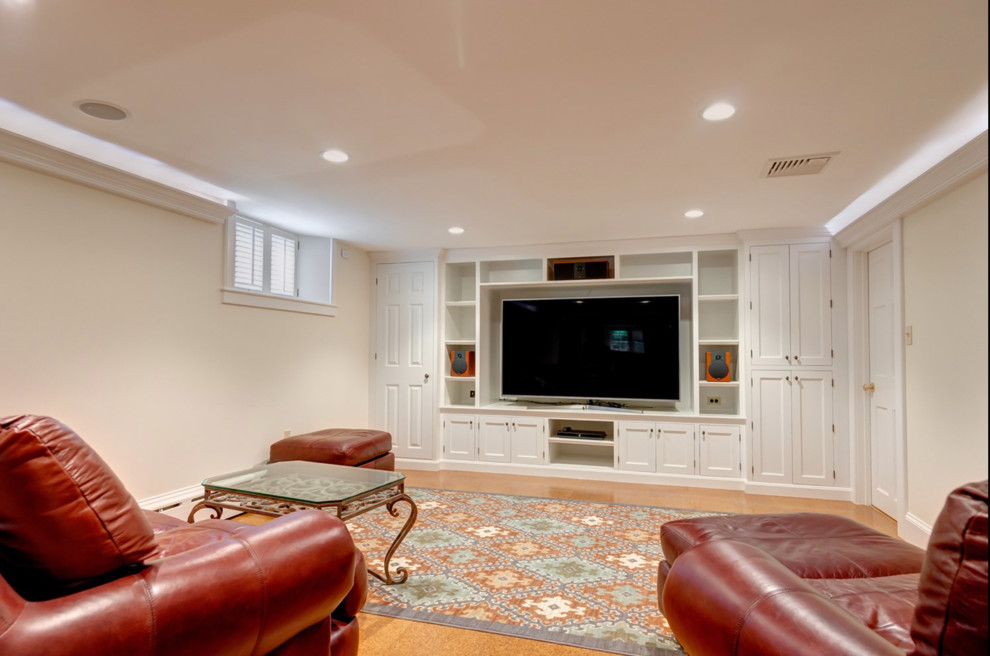Large traditional look-out basement in Boston with beige walls and cork flooring.