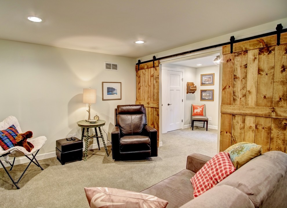 Large country underground carpeted basement photo in Minneapolis with white walls