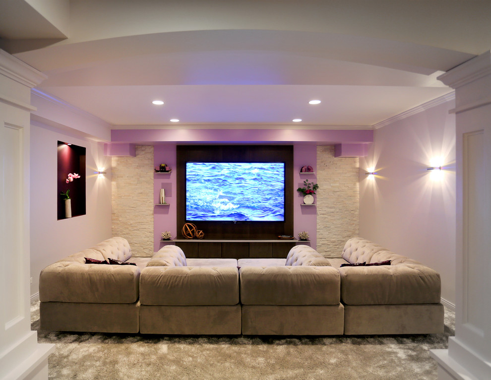 Example of a large transitional underground carpeted basement design in Chicago with purple walls and no fireplace
