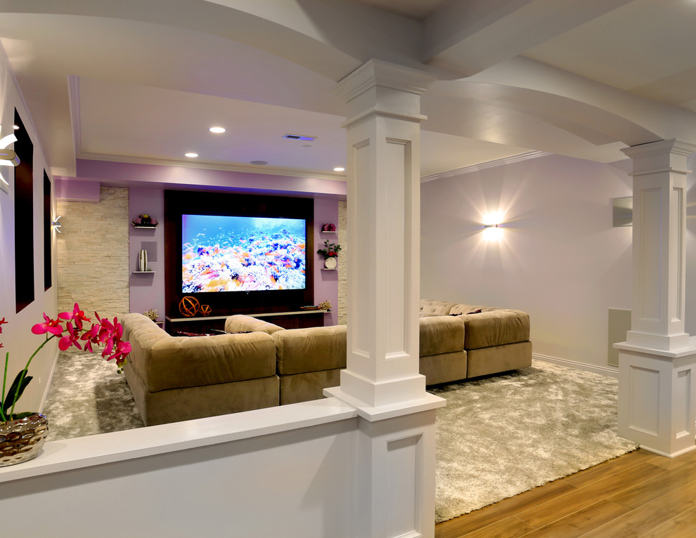 Example of a large transitional underground carpeted basement design in Chicago with no fireplace