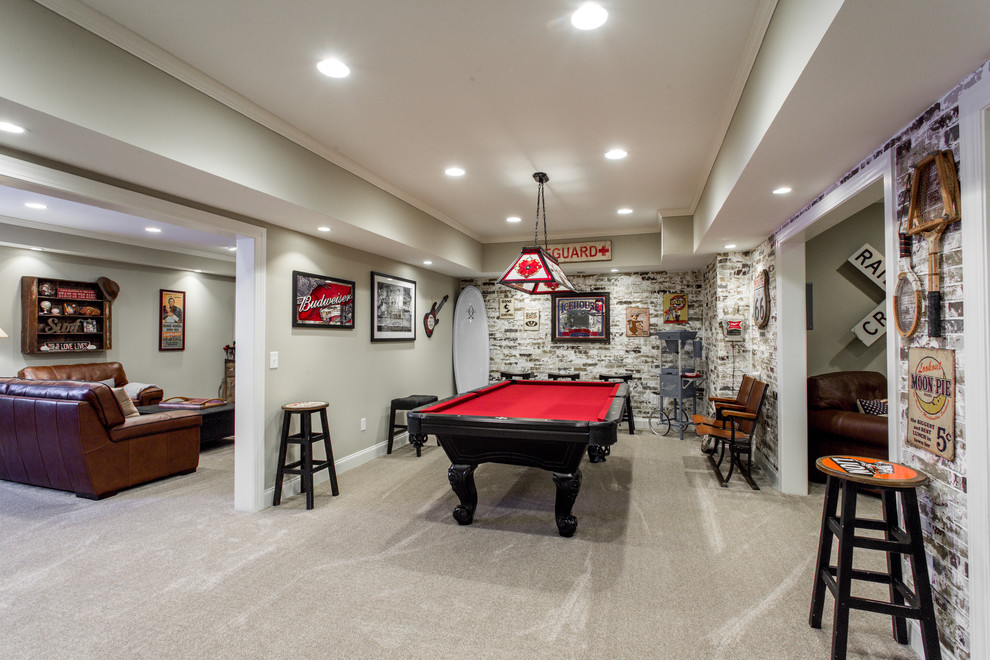 Inspiration for a mid-sized transitional gray floor basement remodel in Atlanta with brown walls and no fireplace