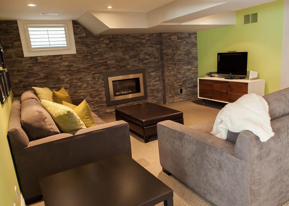 Large trendy walk-out carpeted basement photo in Toronto with a standard fireplace, a stone fireplace and green walls