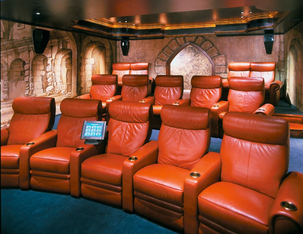 Home theater - huge mediterranean carpeted and blue floor home theater idea in Atlanta with multicolored walls