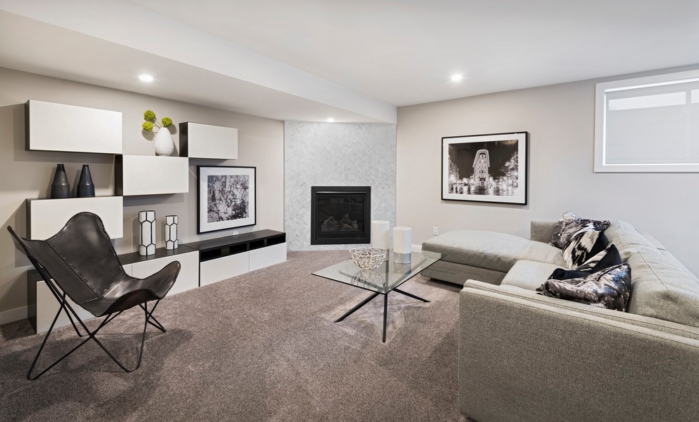 Example of a mid-sized transitional underground carpeted and beige floor basement design in Ottawa with beige walls, a corner fireplace and a stone fireplace