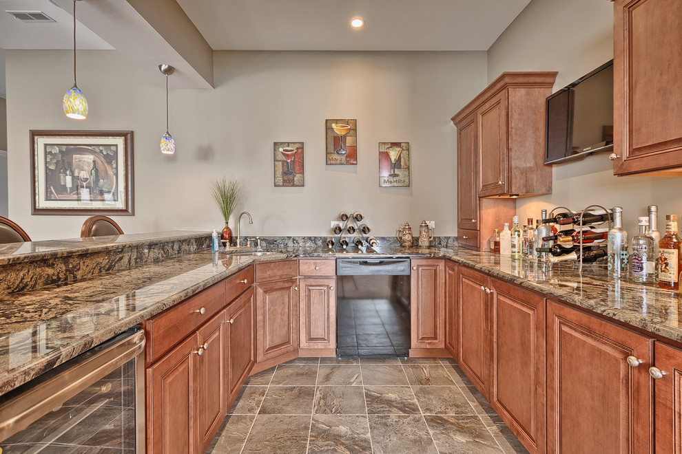 Inspiration for a large timeless walk-out ceramic tile basement remodel in St Louis with beige walls and a standard fireplace