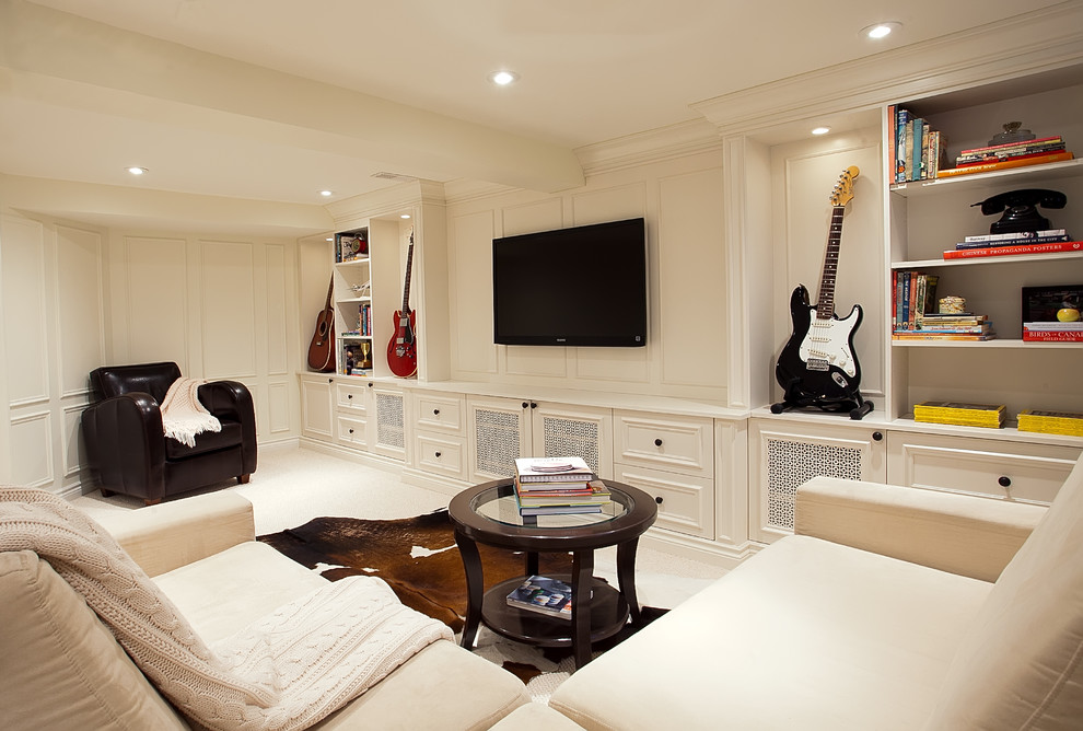 Inspiration for a traditional games room in Ottawa with white walls, no fireplace, carpet and white floors.