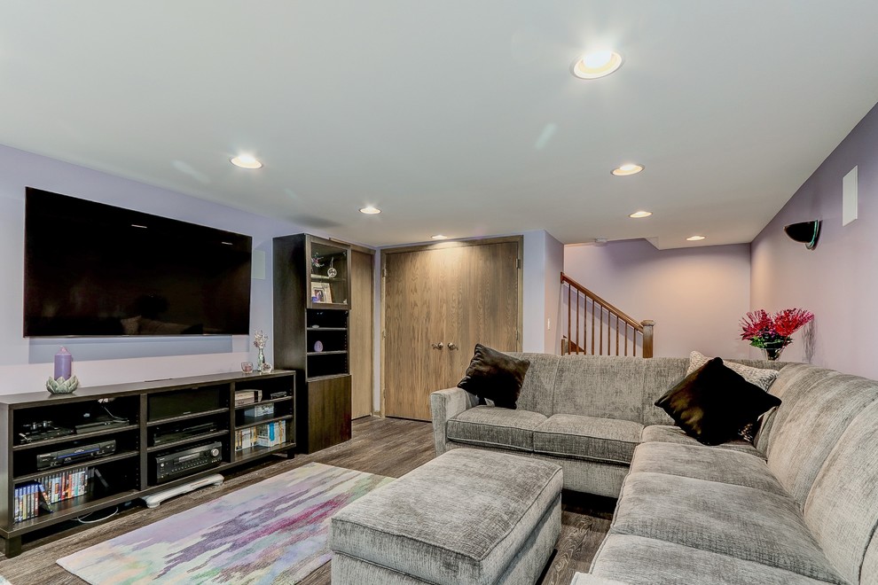 Small classic fully buried basement in Chicago with purple walls, vinyl flooring, no fireplace and brown floors.