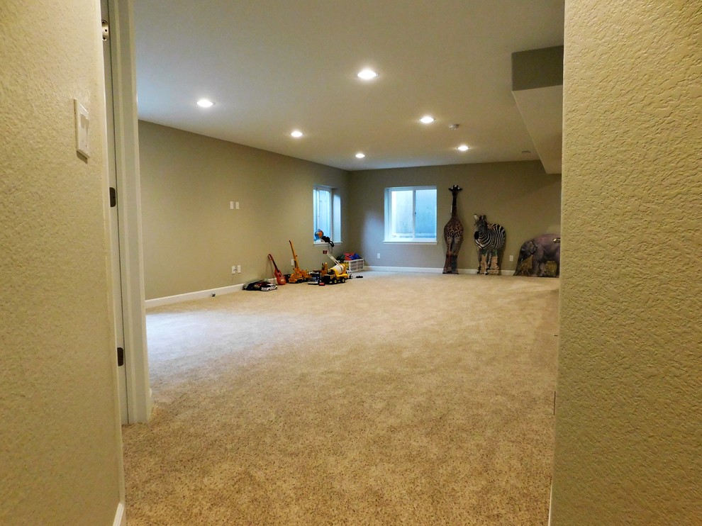 Photo of a medium sized contemporary look-out basement in Denver with beige walls and carpet.