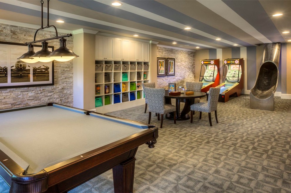 Inspiration for a contemporary underground carpeted basement remodel in Atlanta with multicolored walls and no fireplace