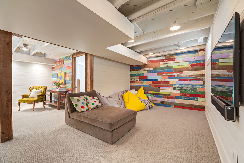 Design ideas for a large eclectic fully buried basement in Calgary with multi-coloured walls and carpet.