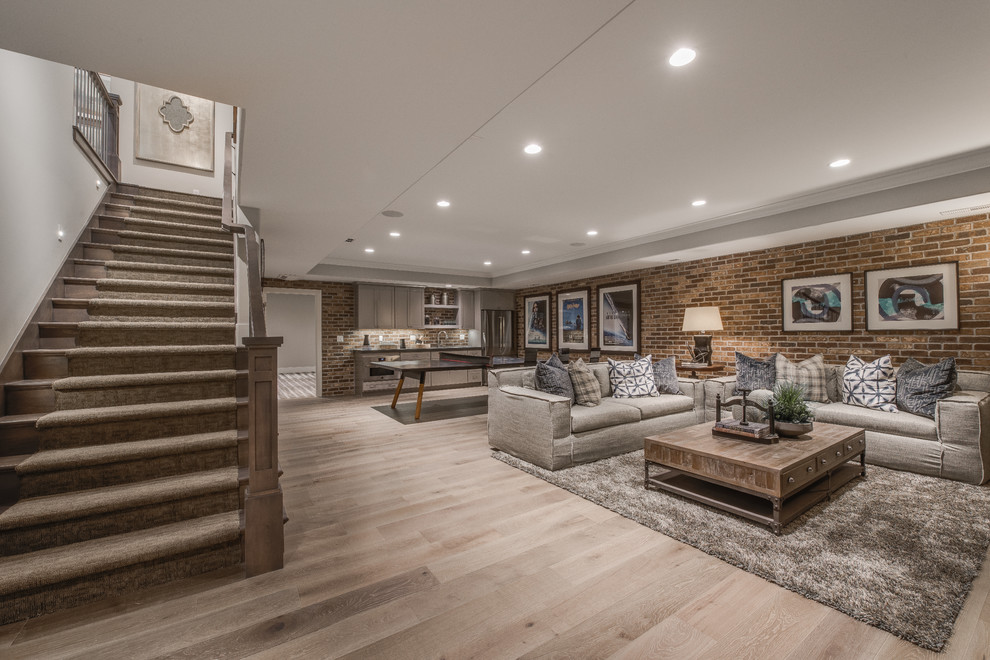 Example of a large classic light wood floor and brown floor basement design in Salt Lake City with no fireplace