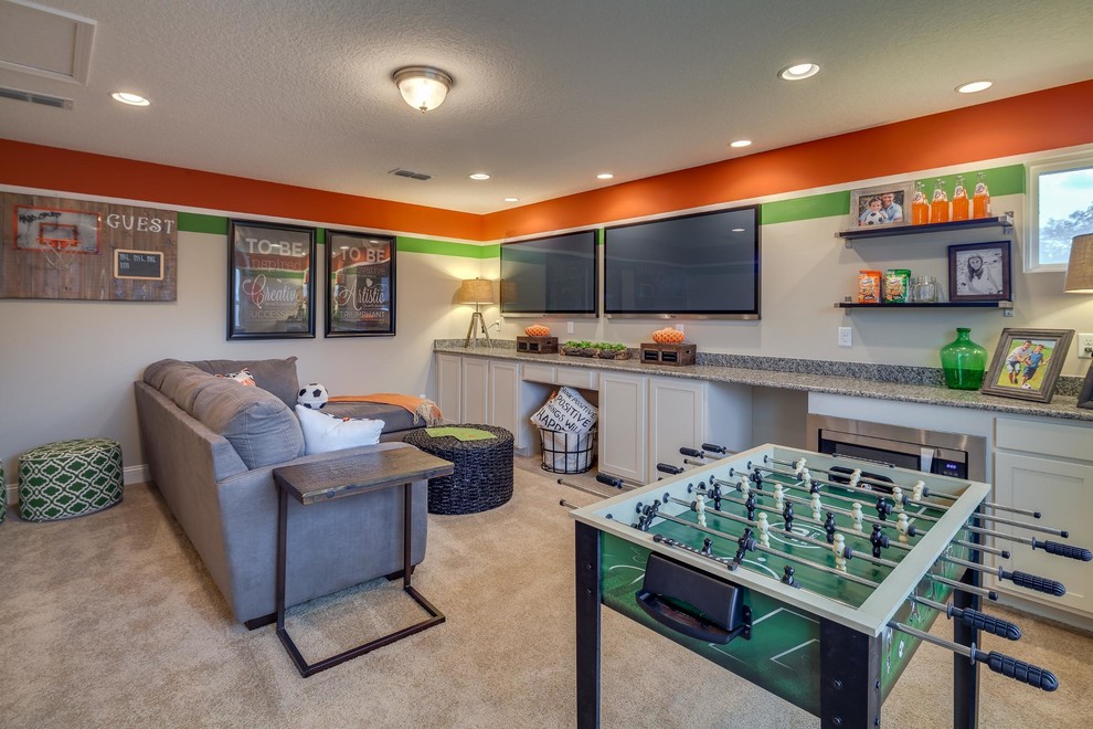 Inspiration for a classic basement in Jacksonville with a game room, orange walls, carpet and beige floors.