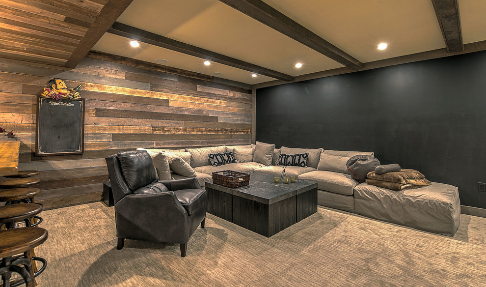 Design ideas for a rustic basement in Other with brown walls, carpet, grey floors and a feature wall.