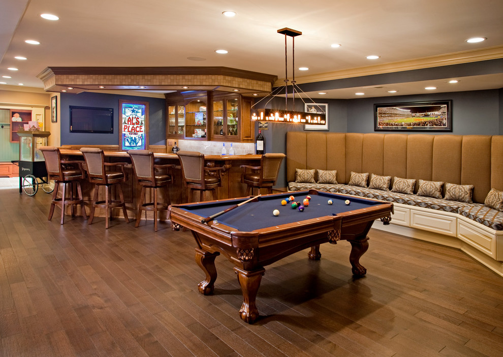 Inspiration for a classic games room in Philadelphia with grey walls, medium hardwood flooring and brown floors.