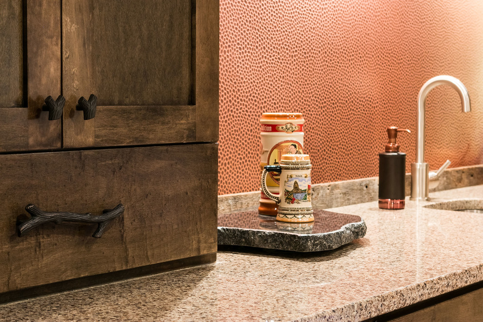 Basement Bar Counter with Copper Backsplash Rustic Basement