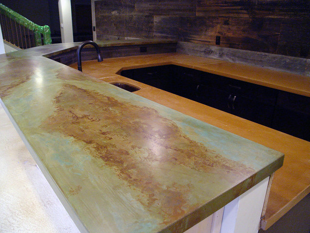 Basement Bar With Acid Stain Concrete, Pictures Of Stained Concrete Countertops